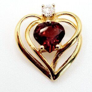 Vintage Faux Garnet Cubic Zirconia Delicate Heart Pendant Gold Tone Signed Korea